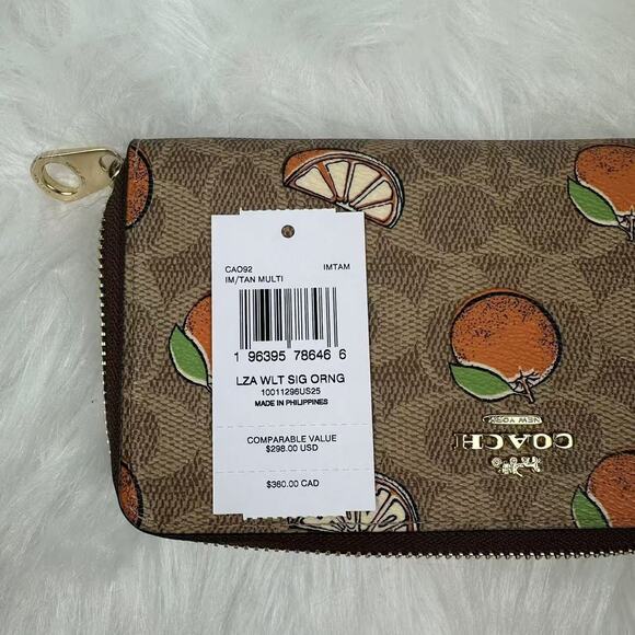 Coach Long Zip Around Wallet In Signature Canvas Orange Print Wristlet CAO92 NWT - Picture 4 of 5
